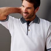 UltraClub Adult White-Body Classic Piqué Polo with Contrast Multi-Stripe Trim